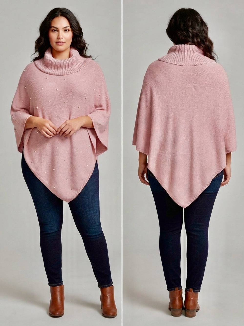 Le Moda Pearl Embellished Dusty Pink Knit Poncho Wrap - One Size